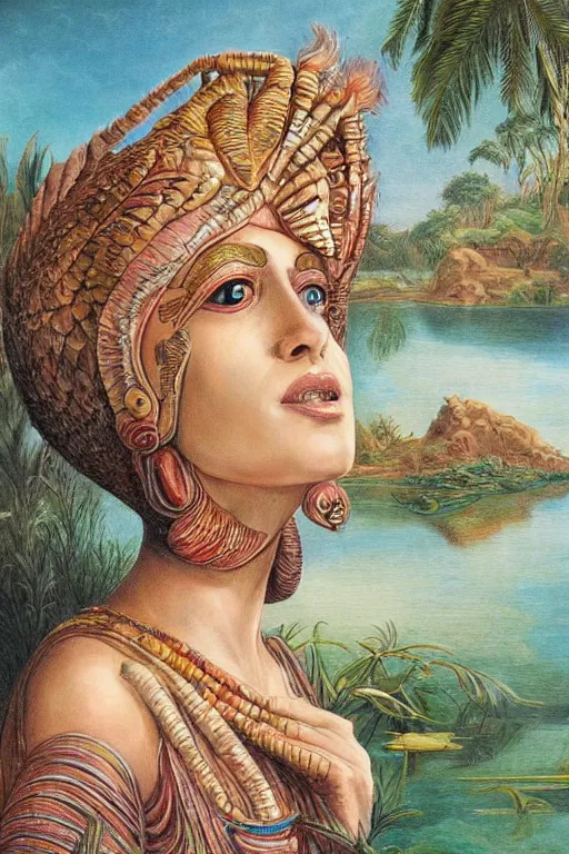 Image similar to painting of Egyptian Mother Nature in a lake, inspired by Gustav Moreau and Wayne Barlowe, exquisite detail, hyper realism, ornate, exquisite detail, cute face