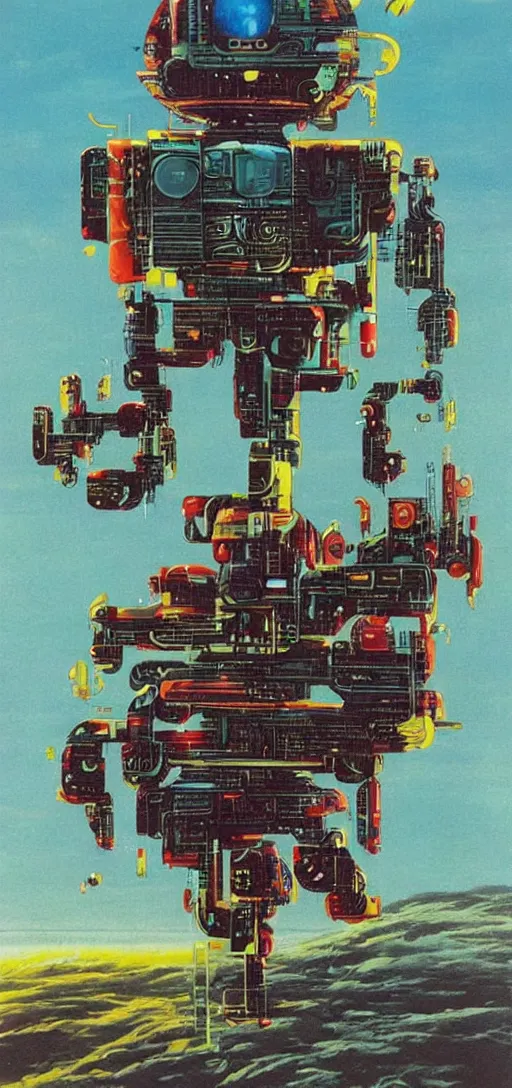 Prompt: a android learning dialetical materialism, class, 7 0 s sci - fi colors, high detailed, art by chris foss