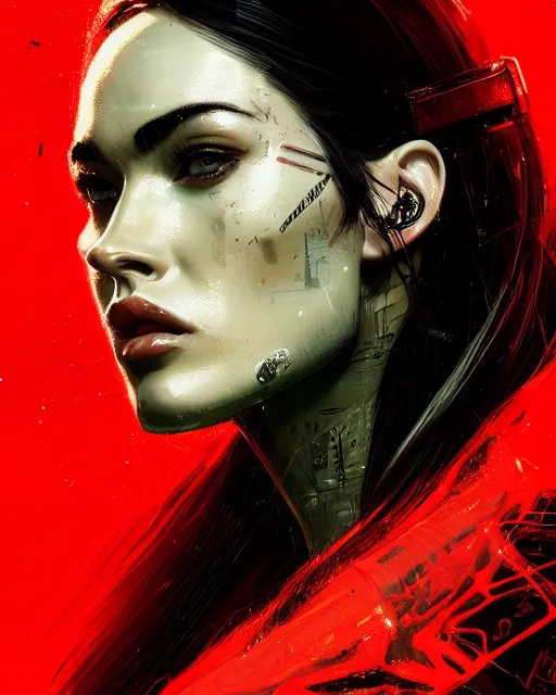 Image similar to detailed side profile portrait Megan Fox, cyberpunk futuristic neon, reflective puffy coat, decorated with traditional Japanese ornaments by Ismail inceoglu dragan bibin hans thoma greg rutkowski Alexandros Pyromallis Nekro Rene Maritte Illustrated, Perfect face, fine details, realistic shaded, fine-face, pretty face