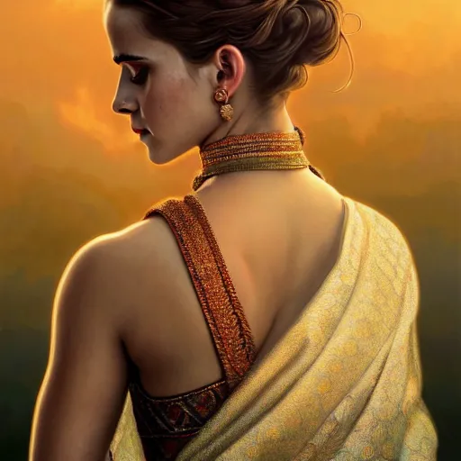 Prompt: beautiful portrait of emma watson wearing assamese mekhela sleeveless silk saree, fantasy, intricate, elegant, highly detailed, digital painting, artstation, concept art, smooth, sharp focus, luxury fashion illustration, art by artgerm and greg rutkowski and alphonse mucha, brightly lit cinematic soft lighting, photorealistic, assam tea village background