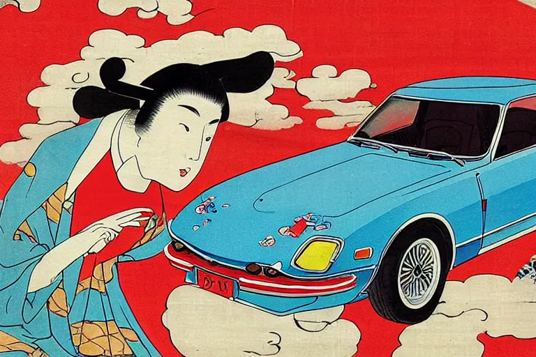 Image similar to ukiyo - e painting of a 1 9 7 5 datsun 2 4 0 z