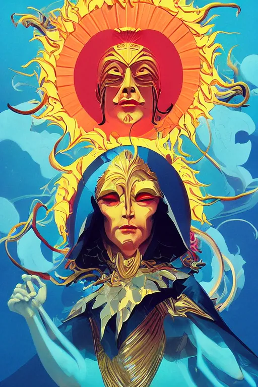 Image similar to anthropomorphic Sun-God, movie poster, dramatic, by Sachin Teng + Karol Bak + Rolf Armstrong