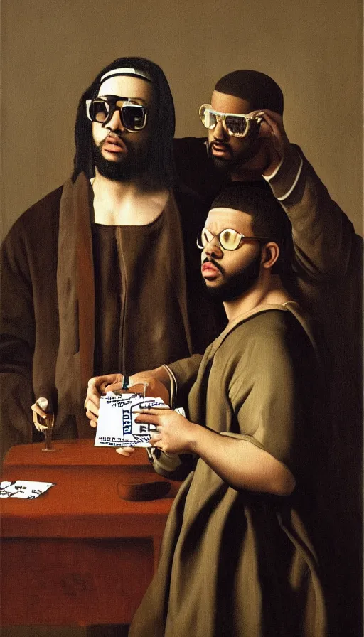 Prompt: the weeknd and drake wearing sunglasses playing cards by johannes vermeer, brown skin, classical painting, digital painting, romantic, vivid color, oil painting