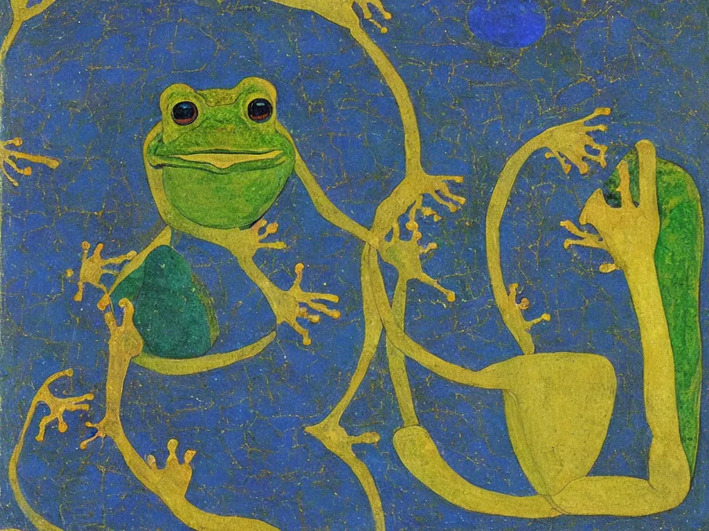 Image similar to portrait of a frog. lapis lazuli, malachite, turqouise, gold. painting by piero della francesca, balthus, agnes pelton