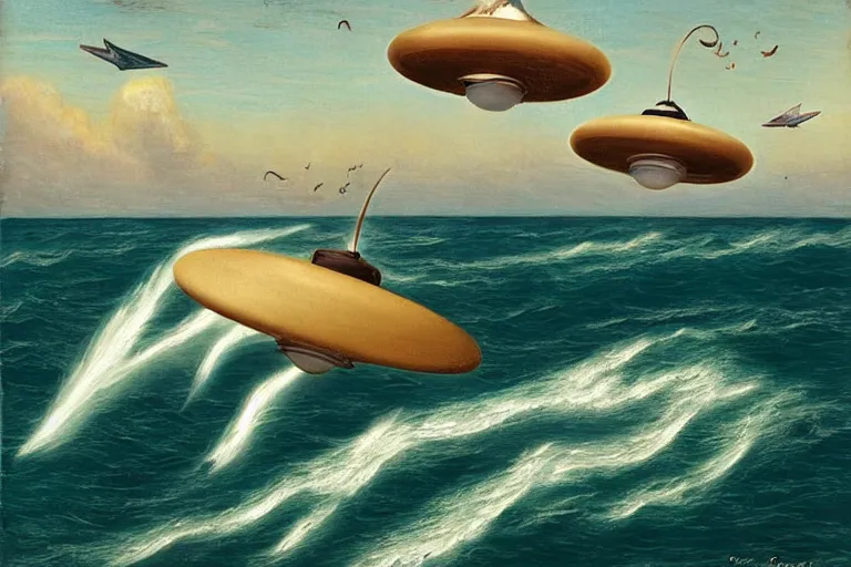 Image similar to two flying saucers battling over the ocean. art by george philip reinagle.