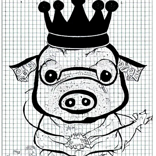 Prompt: walking pig wearing crown vector comic book art black and white 30mm