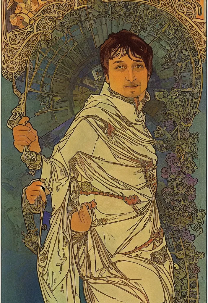 Image similar to geoffrey hinton as the emperor on a tarot card, tarot in art style by alphonse mucha