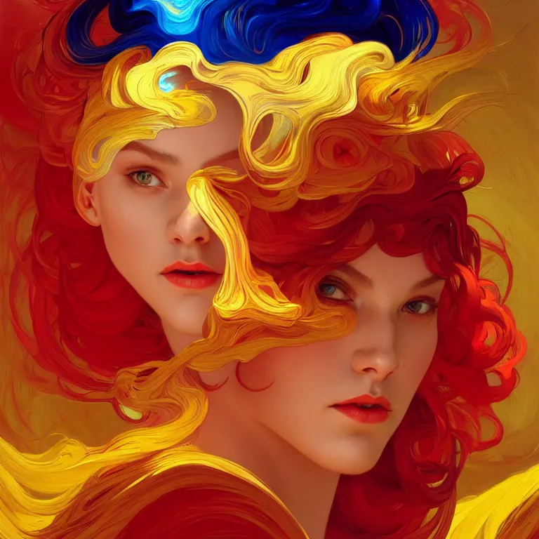 Prompt: Fool is a hue created with swirls of yellow gouache, joyous red, and a daub of crystalline ultramarine, intricate, highly detailed, digital painting, artstation, concept art, smooth, sharp focus, illustration, Unreal Engine 5, 8K, art by artgerm and greg rutkowski and alphonse mucha