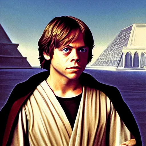 Image similar to a portrait painting of young mark hamill playing luke from star wars in a renaissance style hanging in the louvre