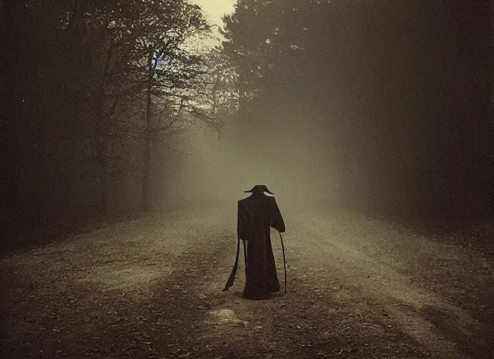 Image similar to medium shot, a plague doctor walks towards a house, woods, horror, night, polaroid photo, vintage, neutral colors, by gregory crewdson,