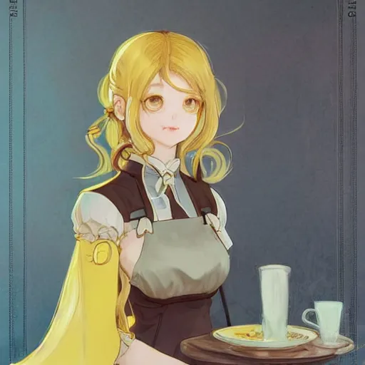 Prompt: A girl in a maid's outfit in a cafe a afternoon, wavy hair yellow theme,S line,45 angel by krenz cushart and mucha and greg rutkowski ,nier:automata inspired-H764