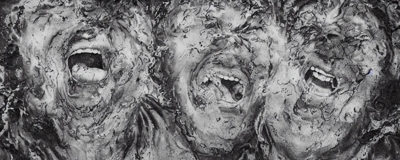 Prompt: portrait of a mad man screaming and laughing with lava bursting from the eyes, black ink stain, by Jimbo Phillips,