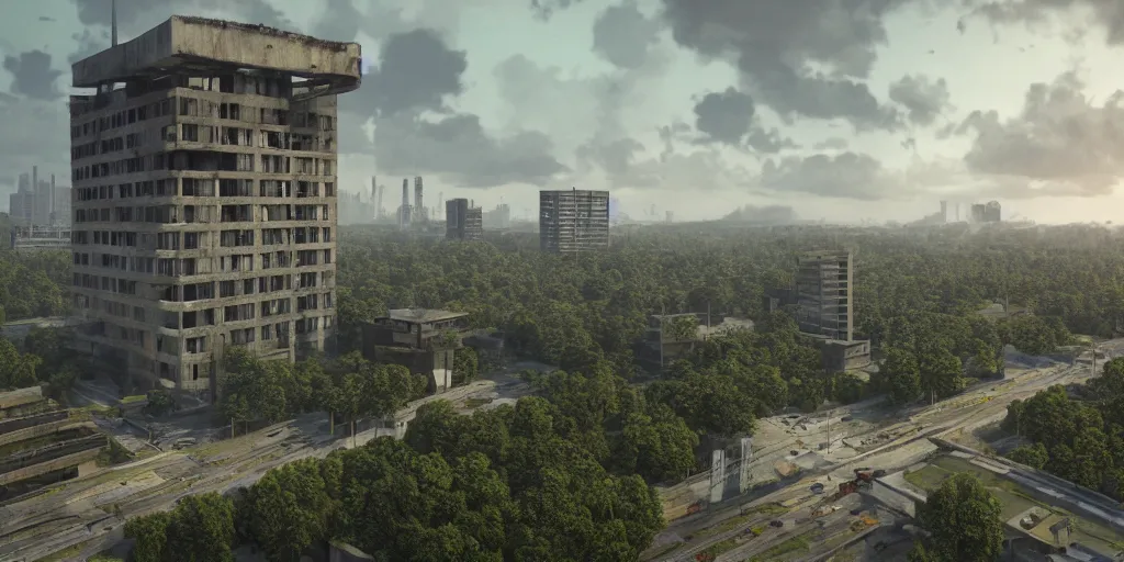 Image similar to brutalist architecture with perfect straight edges, abandoned streetscapes surrounded by lush green forest, aerial view, stunning volumetric lighting, sunset, rusted steel, smooth solid concrete, stunning skies, trending on Artstation, 8k, photorealistic, hyper detailed, unreal engine 5, IMAX quality, cinematic, epic lighting, in the style of the game DOOM, by Greg Rutkowski