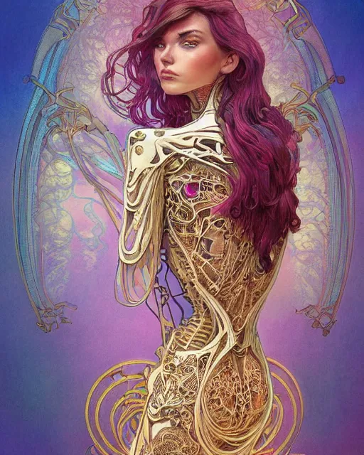 Image similar to glitch art bionic skeleton, vaporwave, highly detailed, very intricate, art nouveau, gold filigree, romantic storybook fantasy, soft cinematic lighting, award - winning, disney concept art watercolor illustration by mandy jurgens and alphonse mucha and alena aenami, pastel color palette, featured on artstation