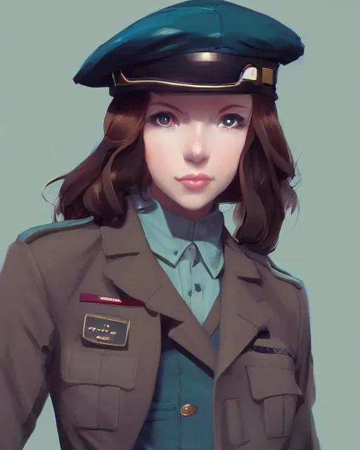 Image similar to young woman with shoulder length light brown hair and hazel eyes dressed in a sharp dark teal military uniform and beret, anime, ilya kuvshinov, greg rutkowski, guweiz, ross tran, loish, svetlana tigai, artgerm, artstation trending, concept art, digital painting