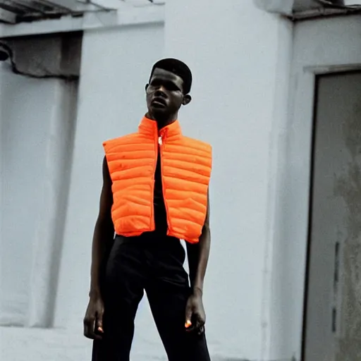 Prompt: realistic photoshooting for a new balenciaga lookbook, color film photography, portrait of a beautiful woman, outside location, model is wearing techtical vest, photo in style of tyler mitchell, 3 5 mm,