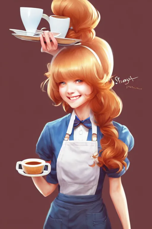 Image similar to a cute cafe waitress holding a coffee tray | | cute - fine - face, smiling, pretty face, fine details by stanley artgerm lau, wlop, rossdraws, james jean, andrei riabovitchev, marc simonetti, and sakimichan, trending on artstation