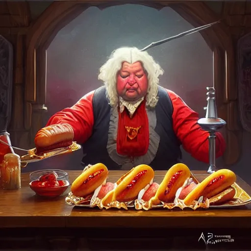 Image similar to William Penn eating Hot Dogs, dripping BBQ Sauce, serving big macs, D&D, spilling ketchup, fantasy, intricate, elegant, highly detailed, digital painting, artstation, concept art, matte, sharp focus, illustration, hearthstone, art by Artgerm and Greg Rutkowski and Alphonse Mucha