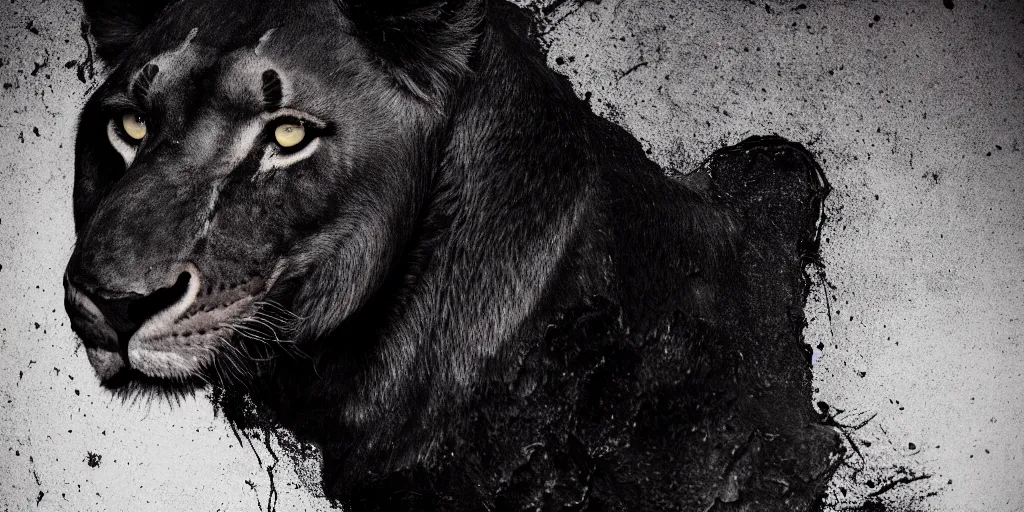 Image similar to a black lioness, made of smooth black goo, posing in the photo studio, viscous, sticky, full of tar, covered with black goo. concept art, realism, animal drawing, color, rimlight, wrinkles, reflections, wildlife photography, black goo, cinematic