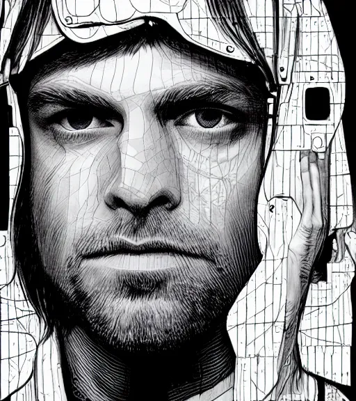 Image similar to Kurt Cobain with multiple digital patchwork faces, techwear, Industrial Scifi, detailed illustration, character portrait, by Martin Grip and Moebius