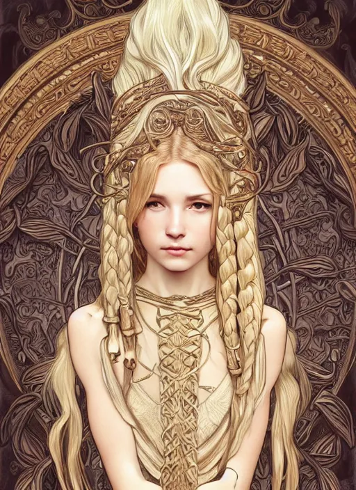 Prompt: ivory carved mage with blonde braided hair wearing ivory carved bone armor fighting ghouls, dead plants, intricate, elegant, highly detailed, digital painting, artstaion, full body action concept art, smooth, sharp, focus, illustration, art by artgerm, alphonse mucha, ilya kuvshinov