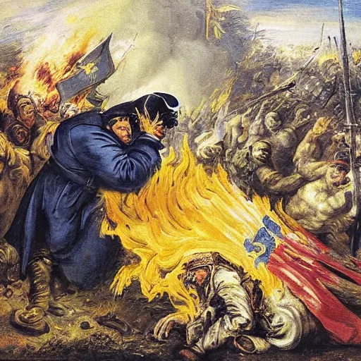 Image similar to Volodymyr Zelensky at war, dressed like Napoleon Bonaparte, sitting on the ground between dead corpses and weeping, holding a half burnt blue and yellow flag of Ukraine, in the style of Peter Paul Rubens