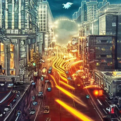Prompt: bitcoin monster chasing people scared in city, cinematic composition, designed by cointelegraph, hyper - detailed