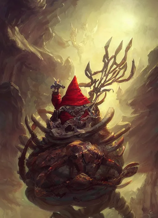 Image similar to a d & d gnome wizard sitting atop a giant crab painted by raymond swanland