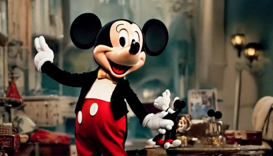 Image similar to a film still from a very dramatic live action film about the life of Mickey Mouse starring Tom hanks as Mickey Mouse