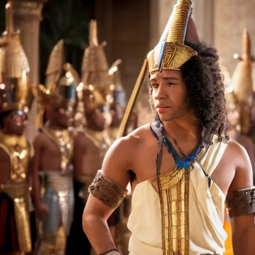 Prompt: High School Musical’s Corbin Bleu plays King Tutankhamen in the live action film The Prince of Egypt, still image taken by Blackmagic URSA on set