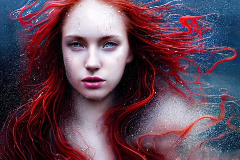 Prompt: highly detailed portrait of a beautiful girl running in rain with wet red hair and pale face, swirling smokey tendrils, bright scattered particles, fantasy, intricate, elegant, dramatic lighting, emotionally evoking symbolic metaphor, highly detailed, lifelike, photorealistic, digital painting, artstation, concept art, smooth, sharp focus, illustration, art by John Collier and Albert Aublet and Krenz Cushart and Artem Demura and Alphonse Mucha