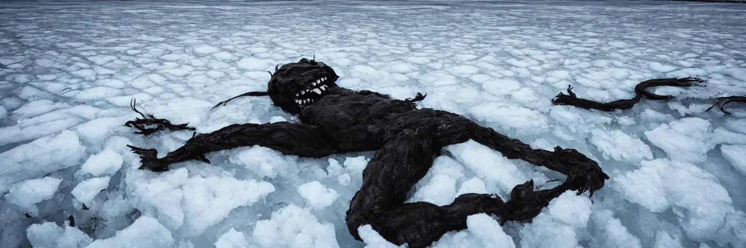 Prompt: photo of A (gigantic) monster trapped under the ice