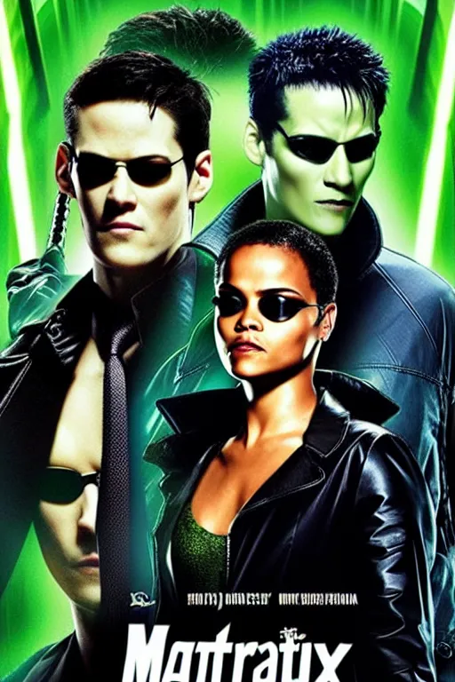 Prompt: a movie poster portrait taken from the new matrix movie featuring ( rhianna and tessa thompson ) with beautiful flowing hair, wearing sun glasses and black leather trench coat, green matrix symbols and light beams flash in the background, extremely detailed, extremely symmetrical facial features, no text, by kevin fiege 8 k