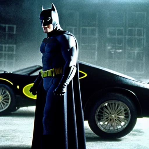 Image similar to henry cavill as batman in batman ( 1 9 8 9 ), standing next to the batmobile, by tim burton, dark deco, gotham city, film still