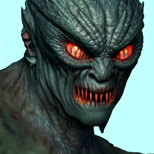 Prompt: Extremely detailed photo realistic concept art of a vfx evil creature demon, face center close-up