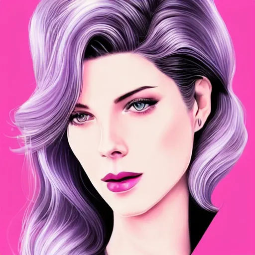 Image similar to A combination of Grace Kelly's and Katheryn Winnick's and Ashley Greene's faces with short violet hair as Cortana, cyberpunk style, synthwave aesthetic, fantasy, intricate, elegant, highly detailed, digital painting, artstation, concept art, matte, sharp focus, illustration, half body portrait, anime style, art by Artgerm and Greg Rutkowski and Alphonse Mucha