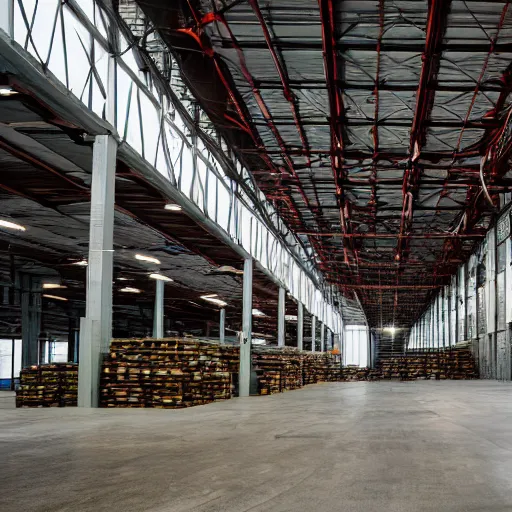 Prompt: professional photograph of industrial warehouse with bright overhead lights, and a forest growing inside of it