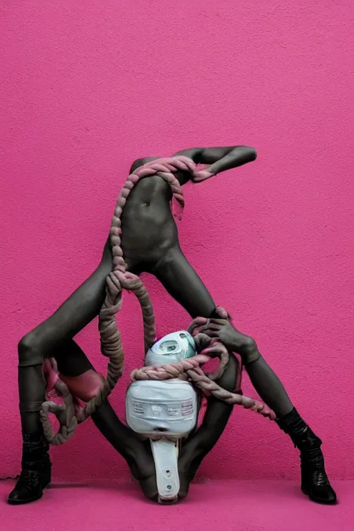 Image similar to a surreal portrait of intertwined and contorted figures wearing gas mask next to a pink wall in the style of brooke didonato, editorial fashion photography from vogue magazine, full shot, nikon d 8 1 0, ƒ / 2. 5, focal length : 8 5. 0 mm, exposure time : 1 / 8 0 0, iso : 2 0 0