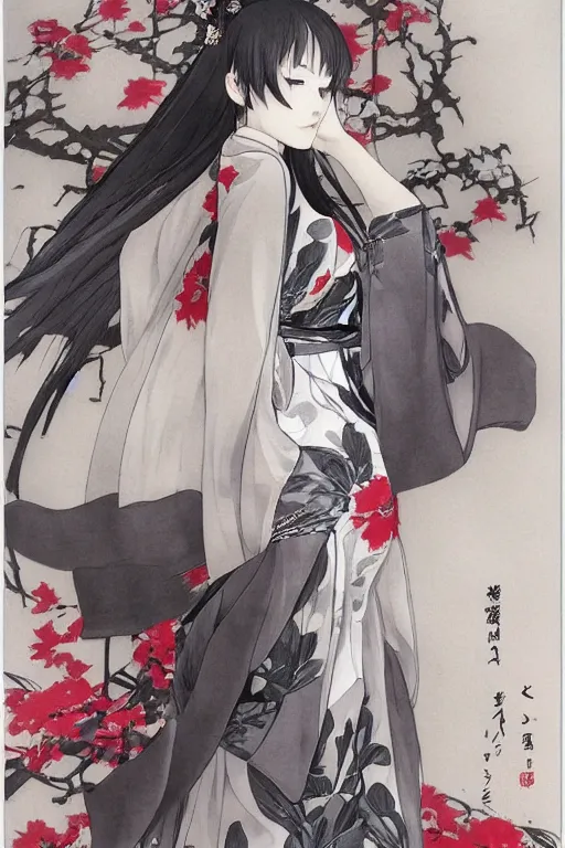 Prompt: (beautiful) girl, silver hair, white (kimono) with complex red flower patterns, full body, looking to camera, showing her shoulder from back, ilustration by (Takehiko Inoue) ((and Krenz Cushart))