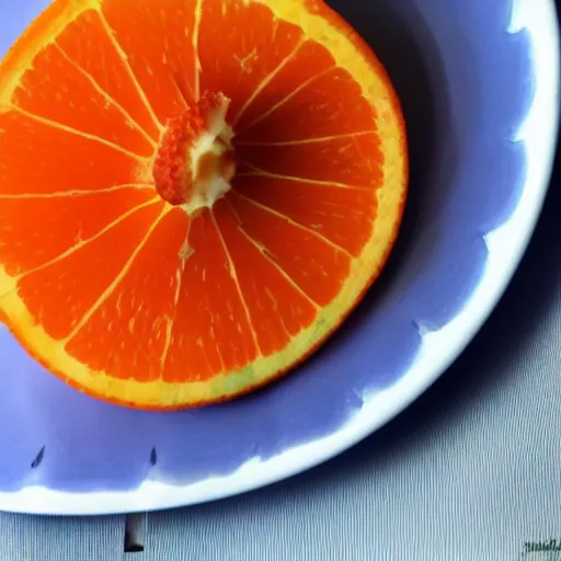 Image similar to una naranja sin cáscara sobre un plato blanco, en un mantel azul