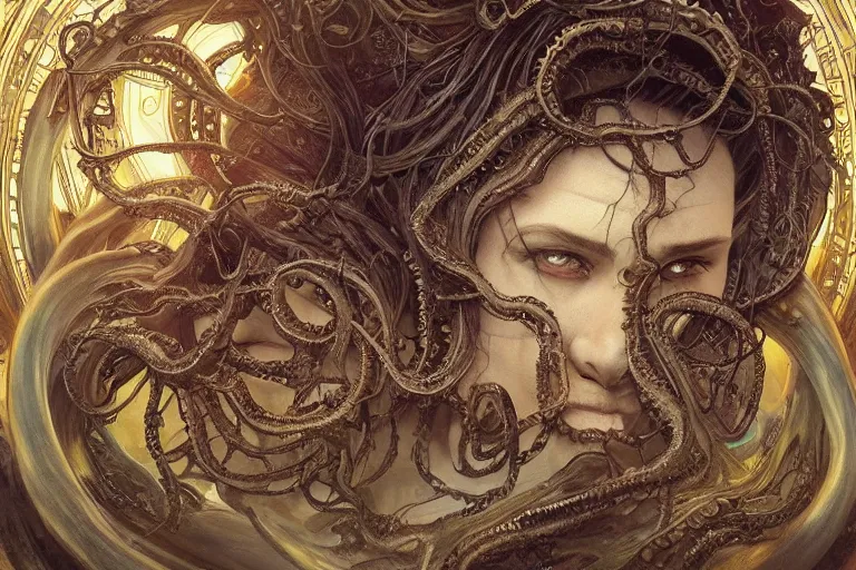 Image similar to a lovecraftian painting of cthulhu face of cosmic horror, cosmic horror elements, ultra realistic, concept art, intricate details, eerie, highly detailed, photorealistic, octane render, 8 k, unreal engine. art by artgerm and greg rutkowski and alphonse mucha