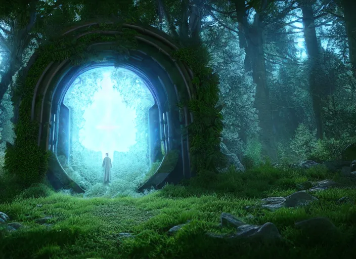 Prompt: portal to heaven inside an ethereal forest, highly detailed, 4 k, hdr, award - winning, octane render, artstation