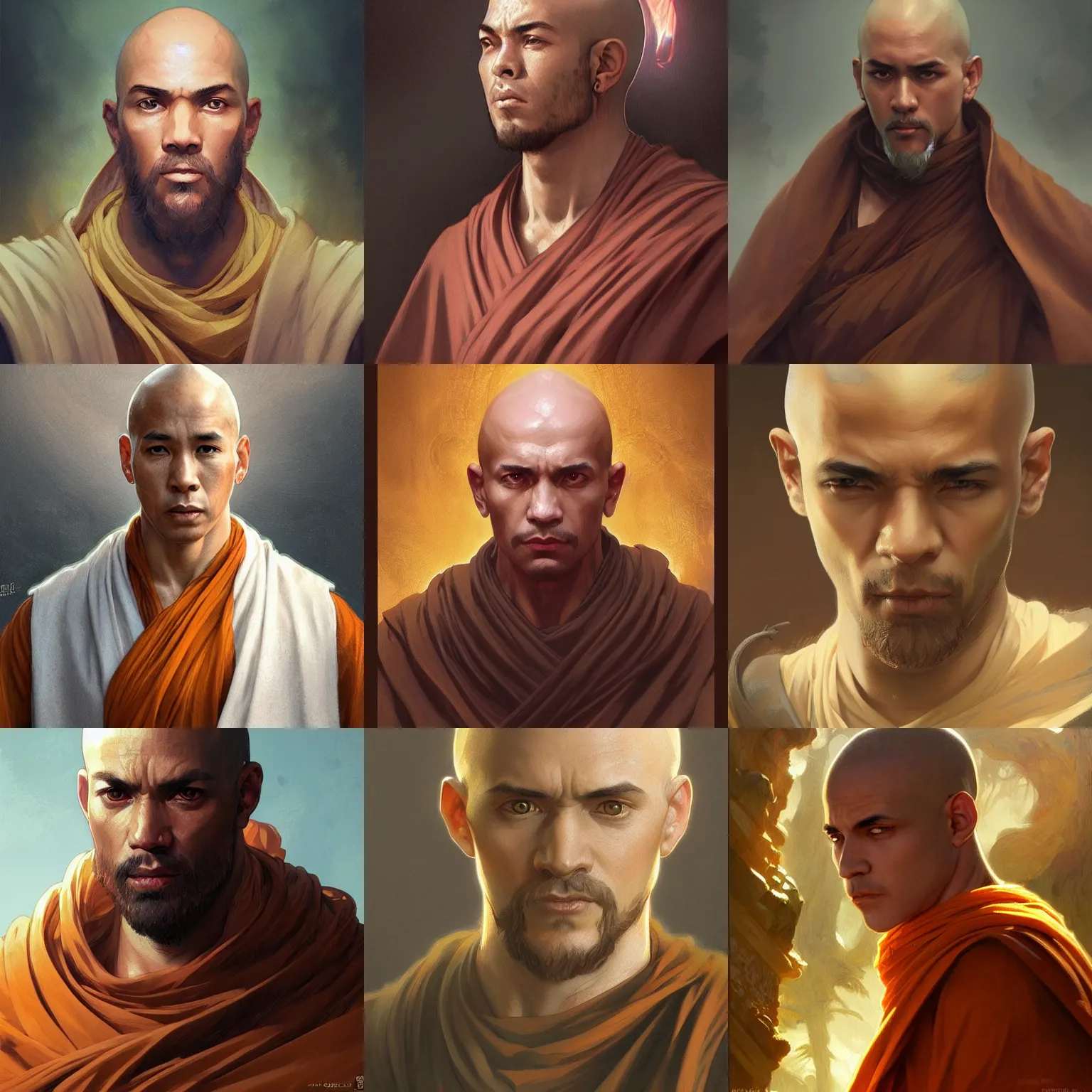 Prompt: male monk, portrait, D&D, fantasy, highly detailed, digital painting, artstation, concept art, sharp focus, illustration, art by artgerm and greg rutkowski and alphonse mucha