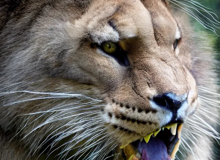 Image similar to award winning nature photo of a saber tooth big cat, sabor_tooth_feline, Smilodon, Smilodon, Smilodon, long fangs, detailed fur, zoo photography, National Geographic, HD,