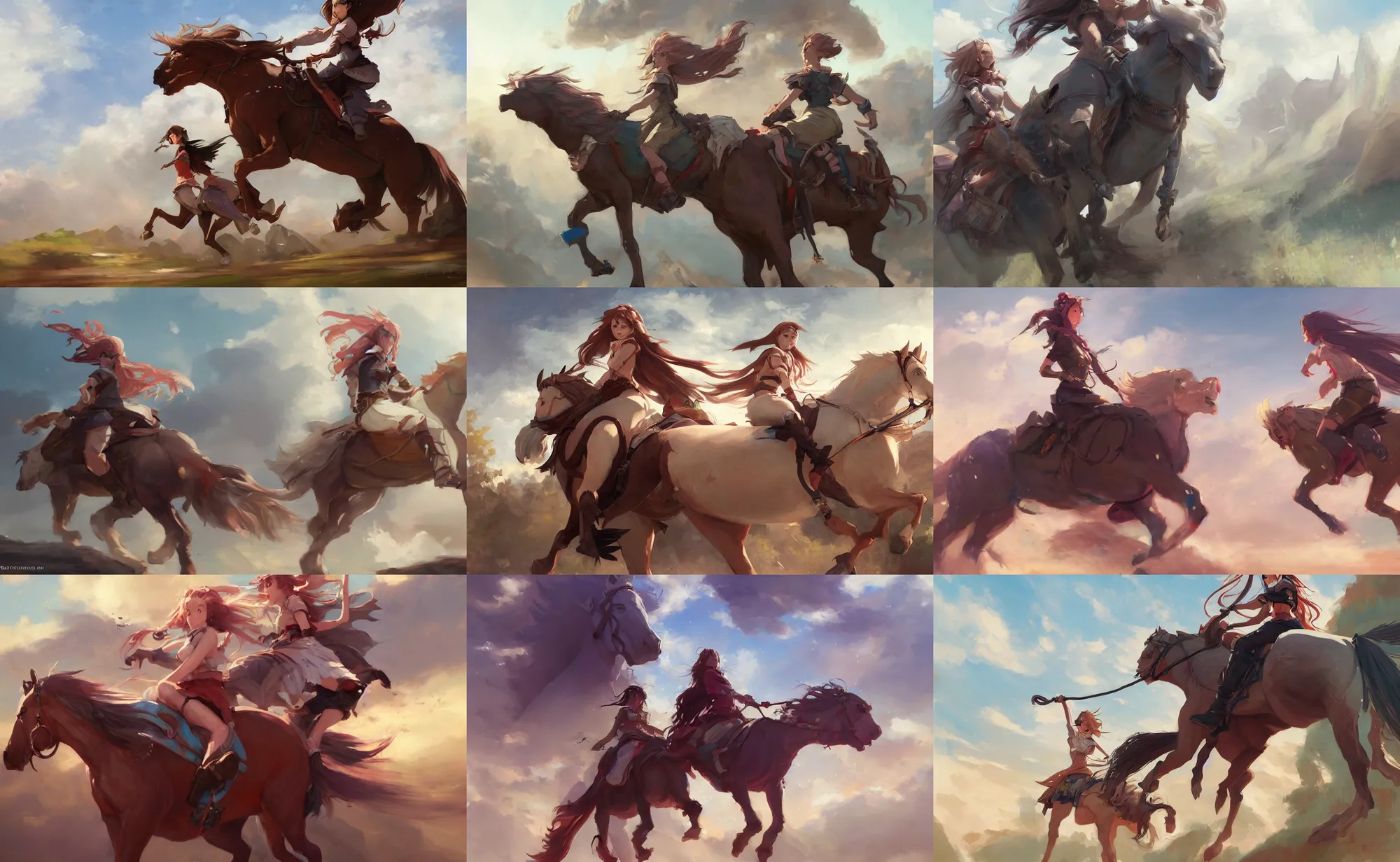 Prompt: a woman riding on the back of a horse, a screenshot by krenz cushart, pixiv contest winner, action painting, 2d game art, official art