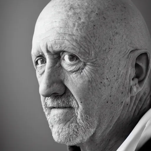 Image similar to Mike Ehrmantraut black and white portrait, XF IQ4, f/1.4, ISO 200, 1/160s, 8K, RAW, unedited, symmetrical balance, in-frame