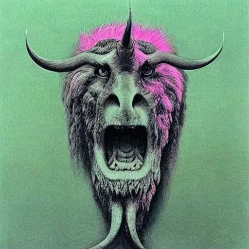 Image similar to a creature with the body and eyes of a man, with the beak of an eagle, the mane of a lion, and the horns of an ox. drawn by zdzislaw beksinski, green, pink, blue