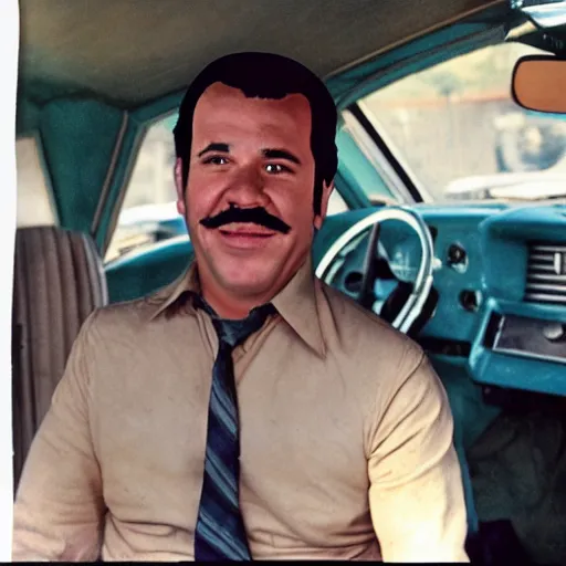 Prompt: a deteriorating color photo from 1 9 7 2 of a persistent used car salesman that looks like a cross between bill burr and fred savage with his hand on a junker car