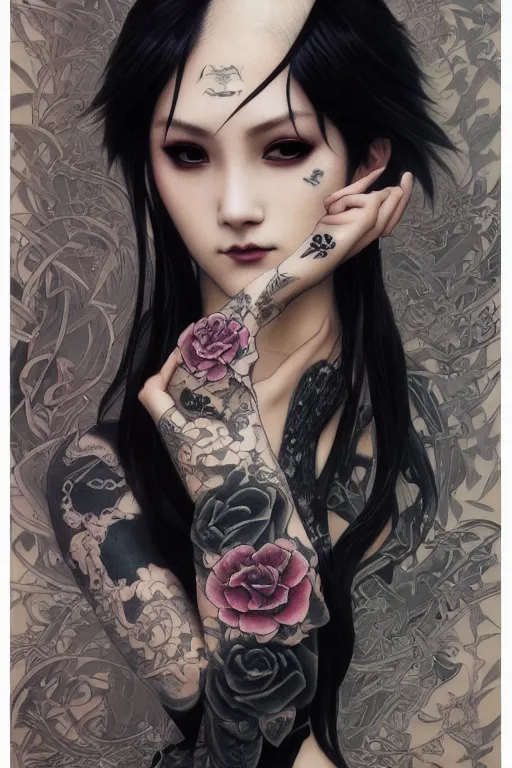 Image similar to goth yakuza girl tattoos, intricate, elegant, highly detailed, digital painting, artstation, concept art, smooth, sharp focus, illustration, art by artgerm and greg rutkowski and alphonse mucha and william-adolphe bouguereau