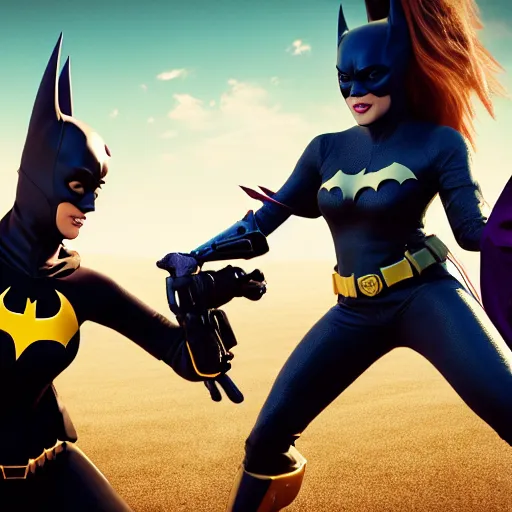 Image similar to batgirl battles lizard people, high detail, photorealistic, movie still, cinematic, dramatic, photography,